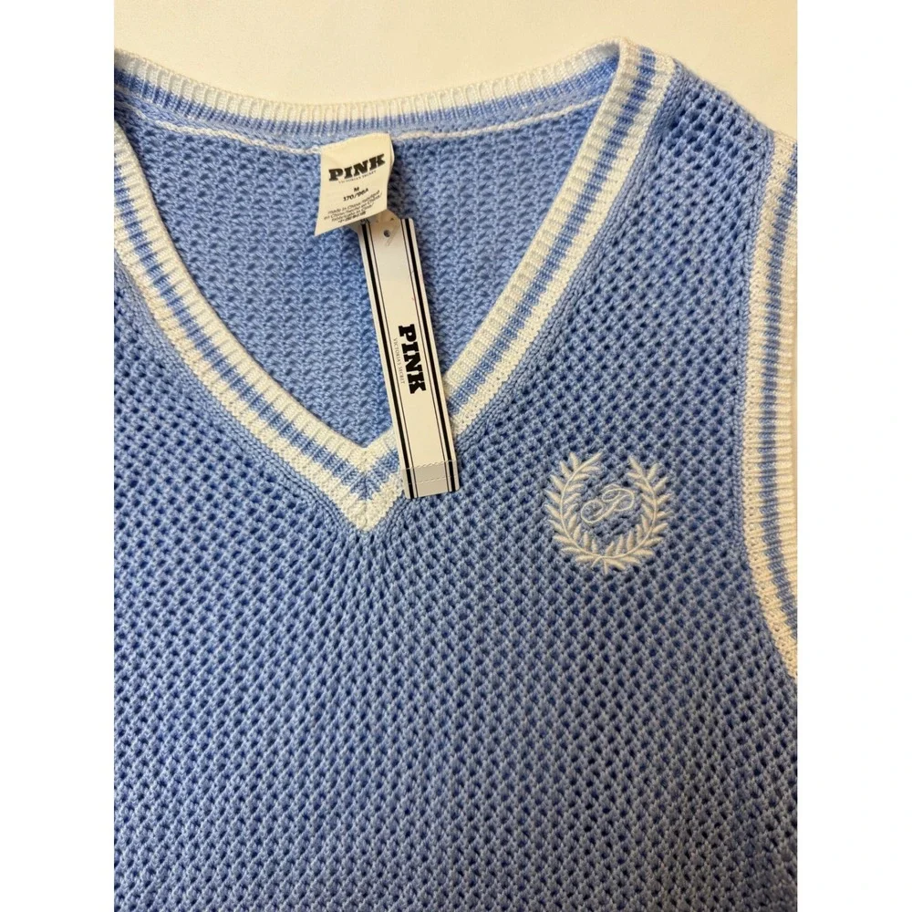 Victoria's Secret PINK Blue Open Knit V-Neck Sweater Vest Crest Logo NWT Medium - Picture 8 of 13
